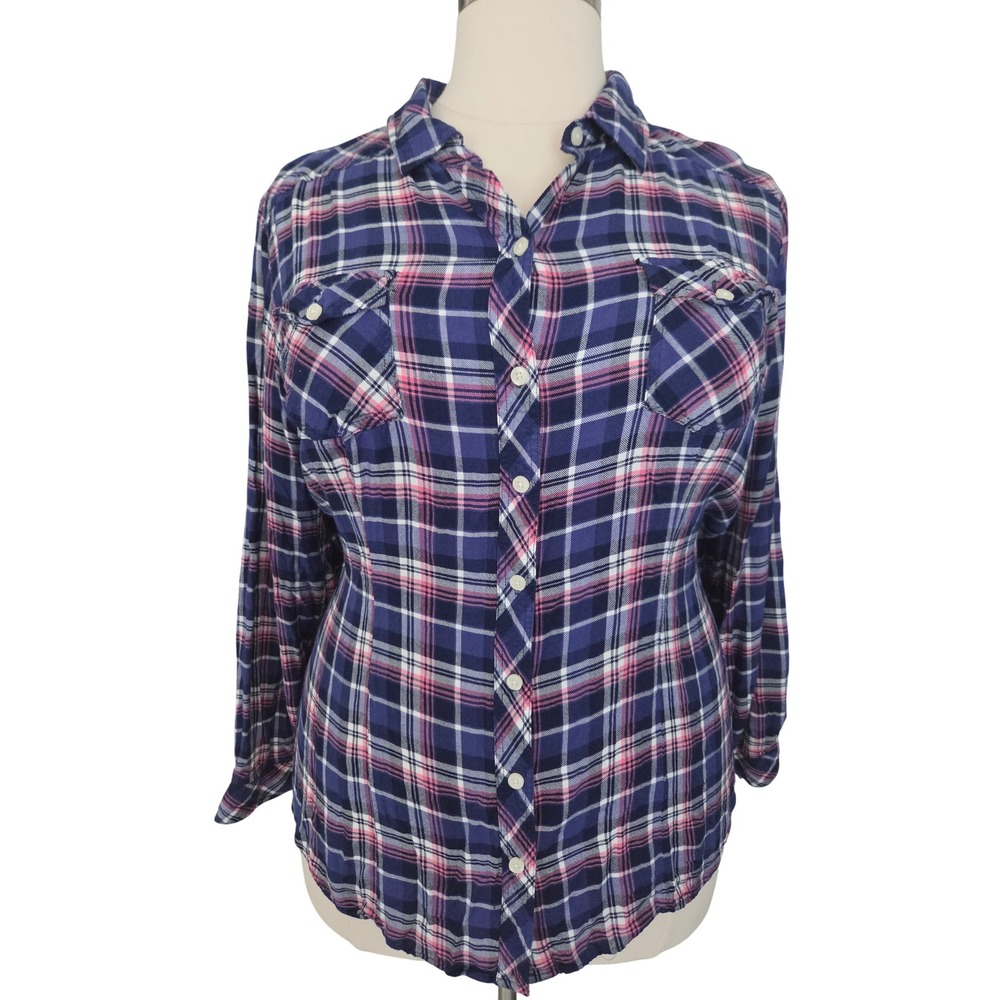 Torrid Navy Pink Plaid Button Down Shirt Womens 3 3X Rayon Long Sleeve Pockets